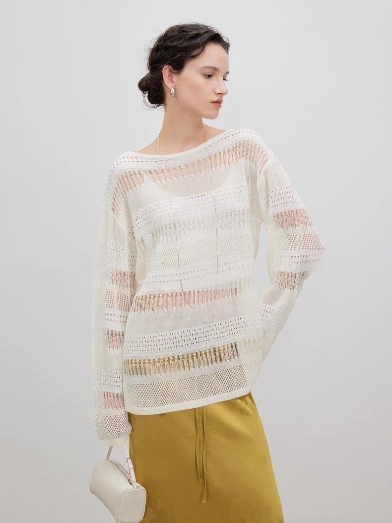 Damen Strickpulli Luftiger Trendy Lochmuster Beige