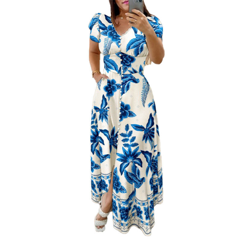 Damen Maxikleid Florales Wickel-Design Knöpfbarem Oberteil