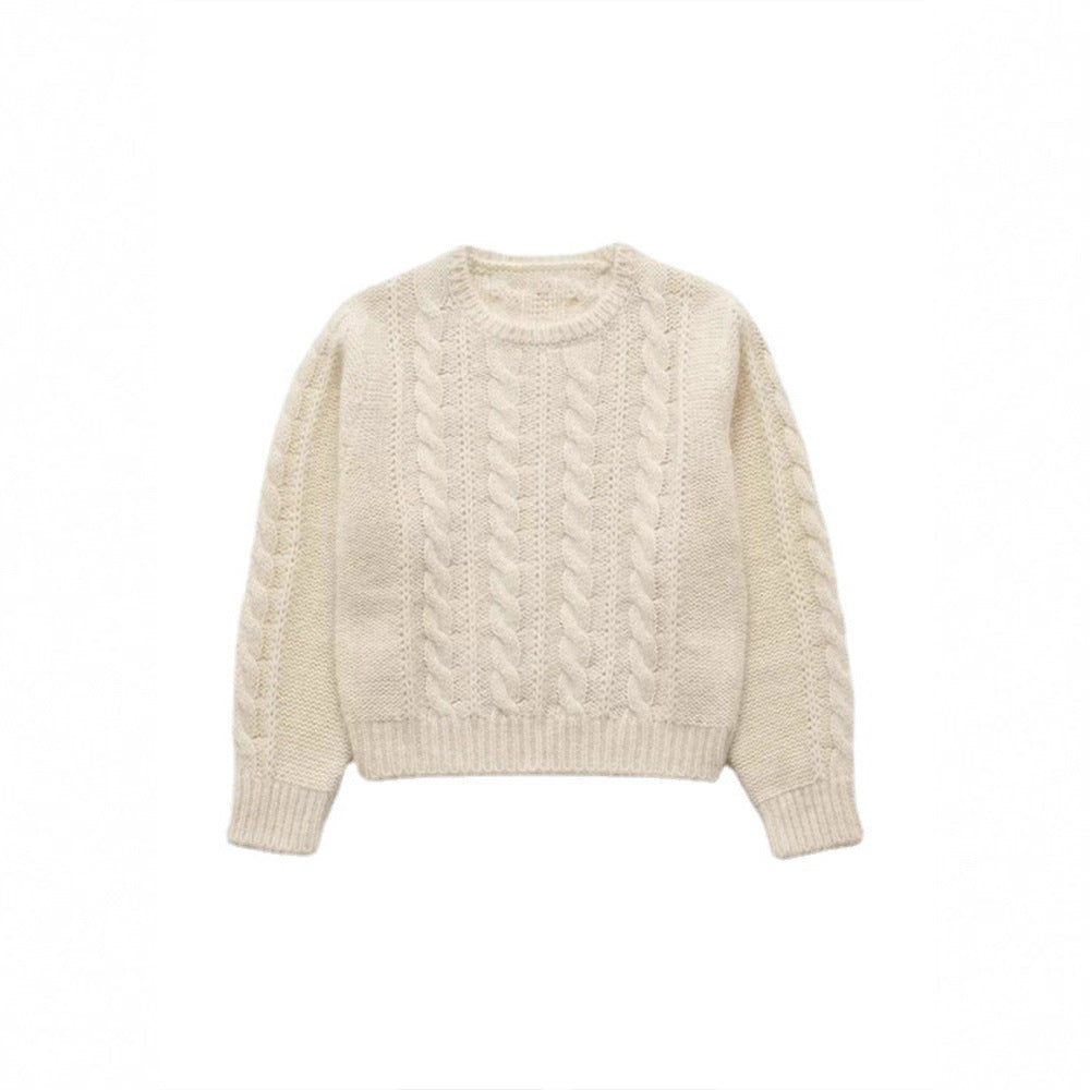 Damen Strickpullover Zopfmuster Kuschelfleece Beige