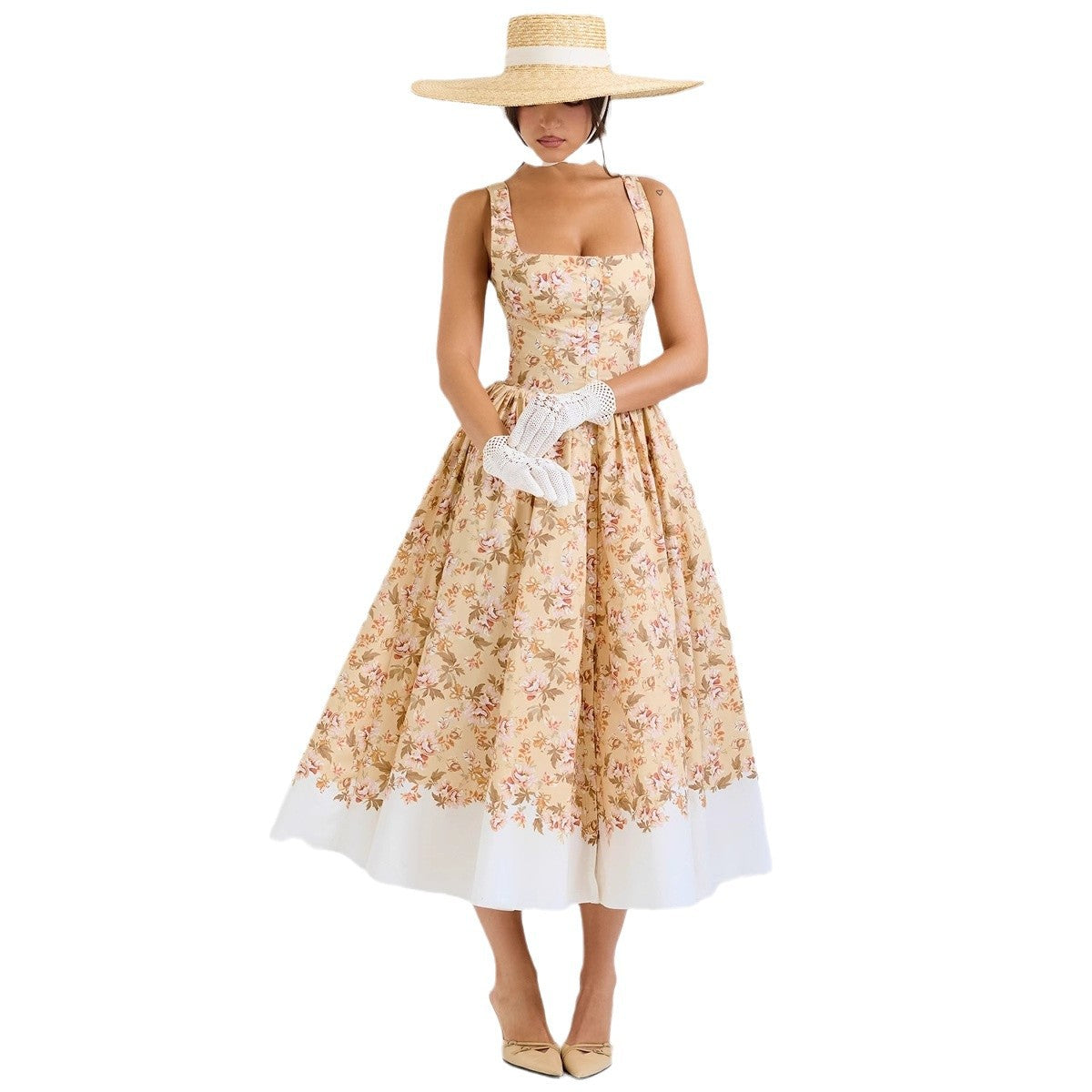 Damen Midi-Kleid Floralmuster Schmale Träger Eveloria