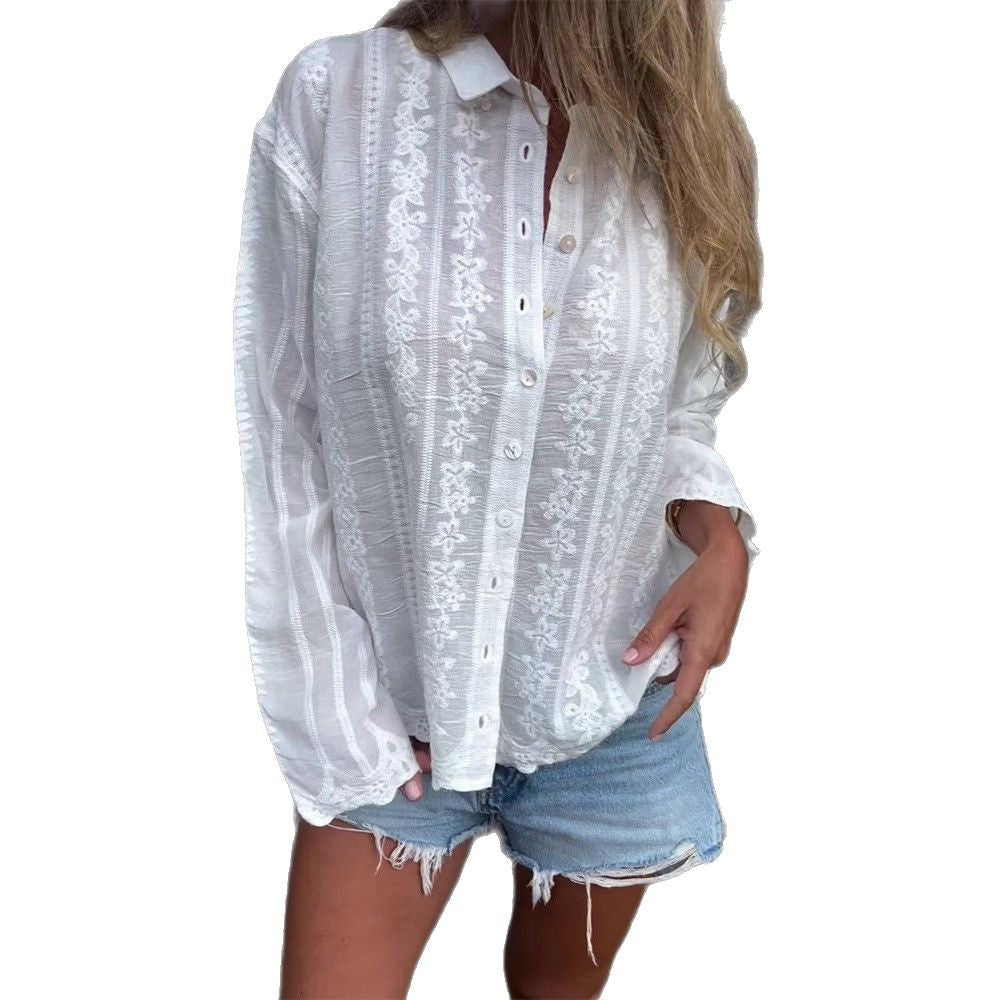 Damen Bluse Florale Stickerei Strukturiert Eveloria