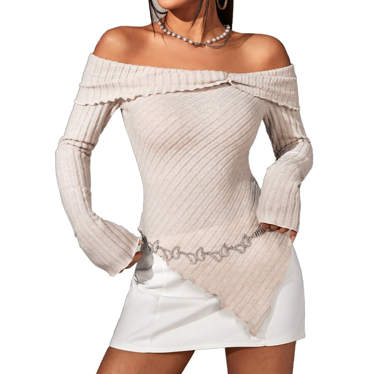 Damen Off-Shoulder-Oberteil Rüschen-Detail Bindeband