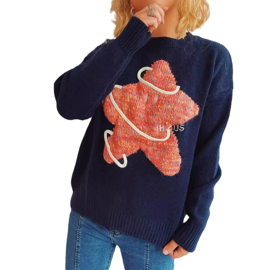 Damen Strickpullover Glitzerndes Sternenmotiv Locker