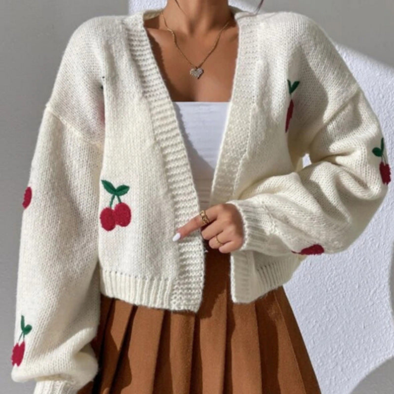 Damen Strickjacke Florales Kirschmuster