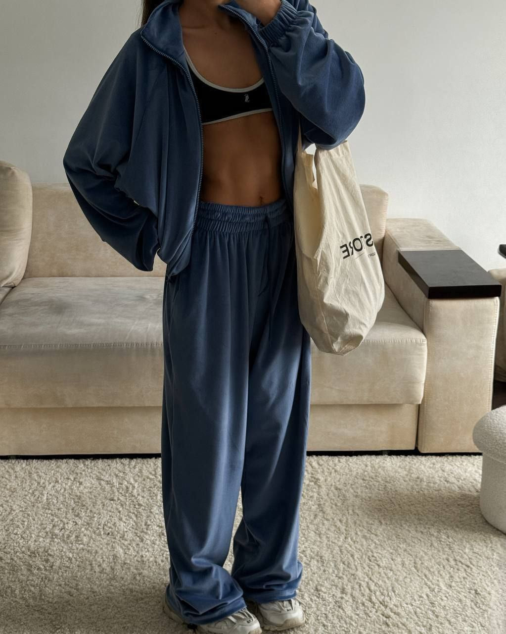 Damen Velours Jogginganzug Reißverschluss Gummizug Eveloria