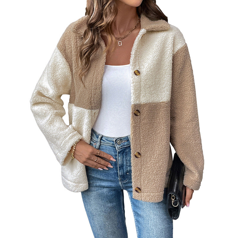 Damen Teddyjacke Nachhaltig Farbblockdetails Braun