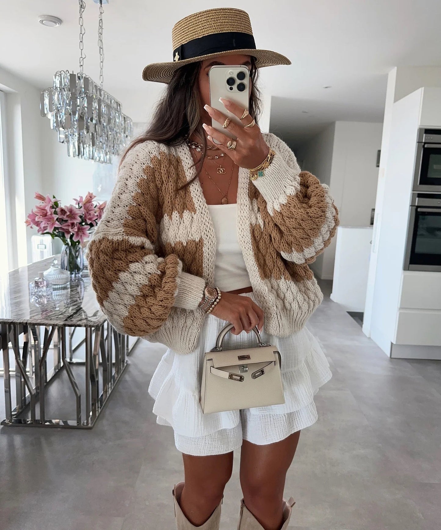 Damen Strickcardigan Oversized Großes Zopfmuster Beige