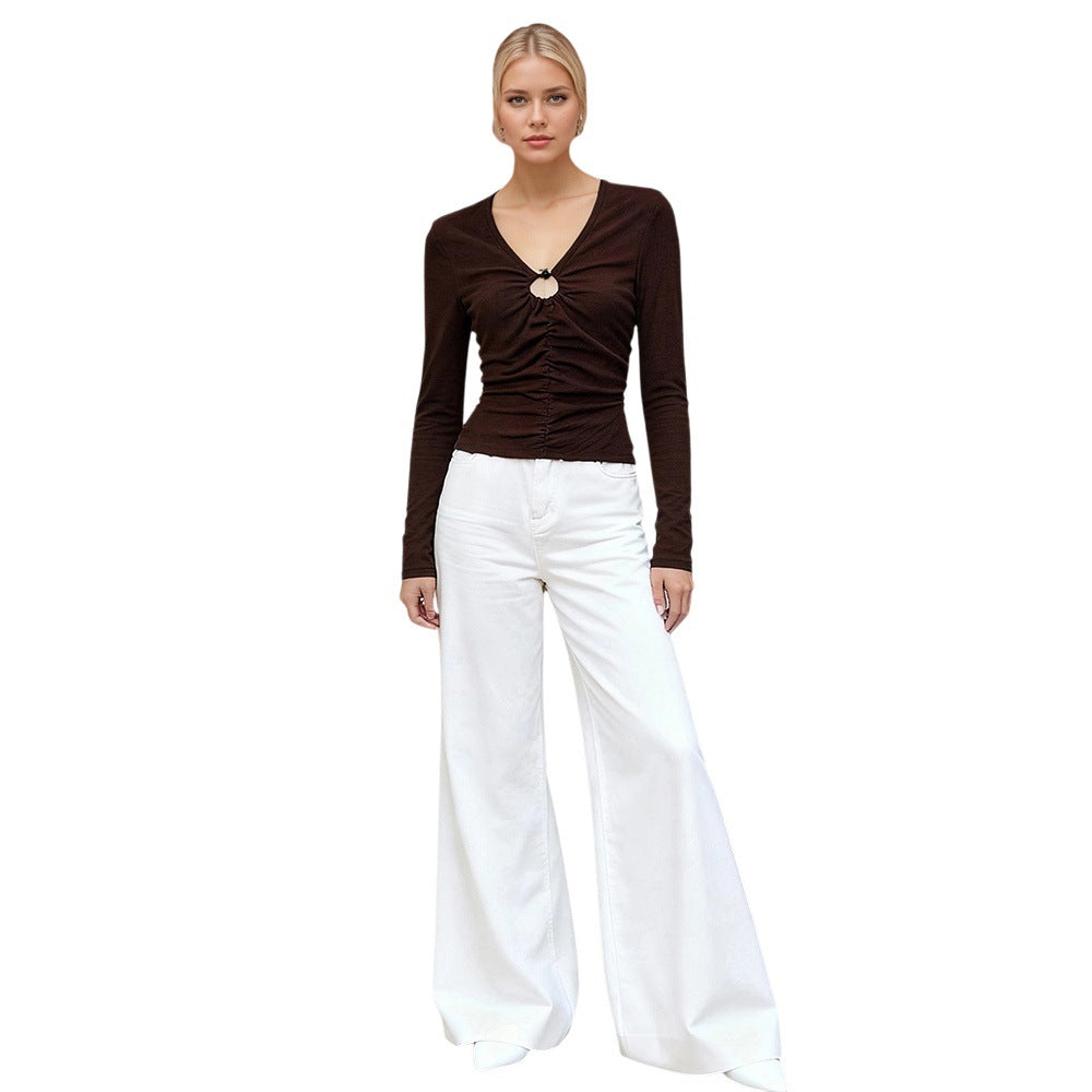 Damen Langarmshirt Dekorative Raffung V-Ausschnitt