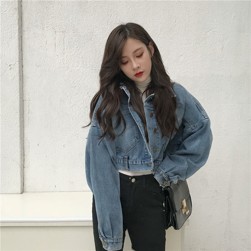Damen Cropped Denimjacke Oversized Schnitt Blau Eveloria