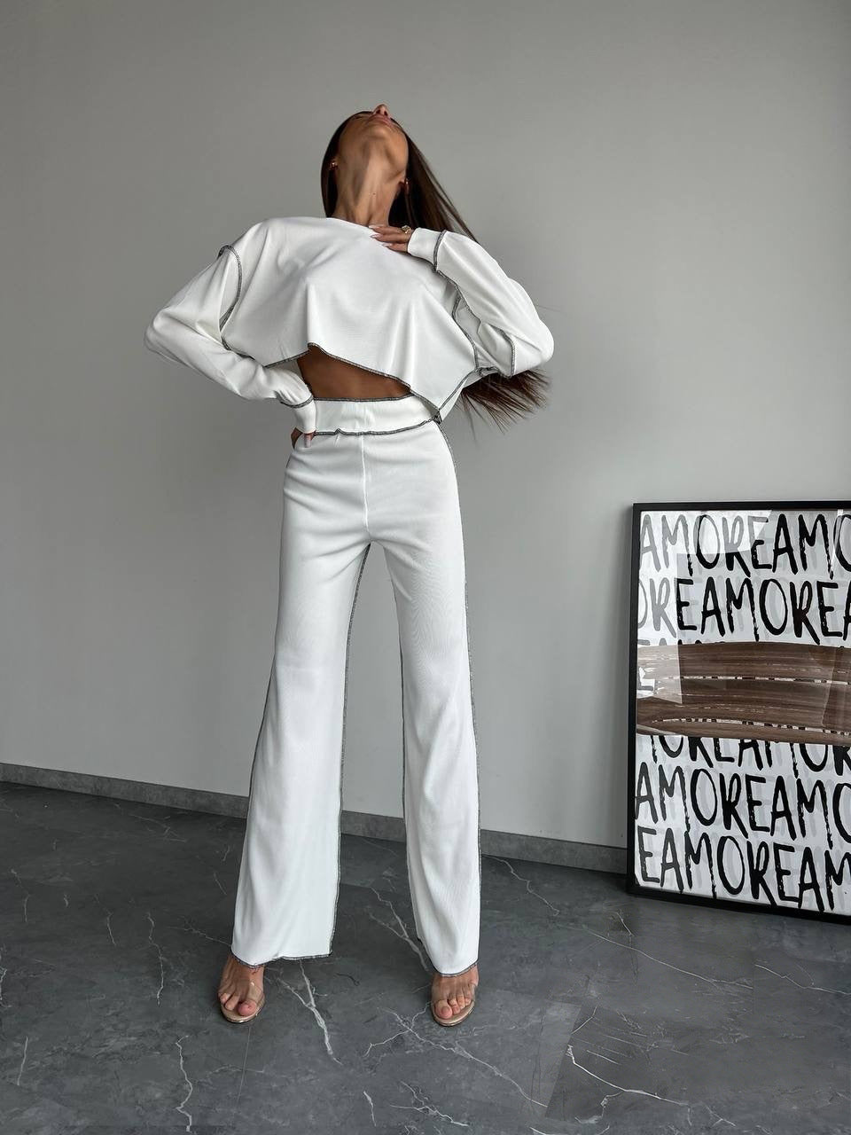 Damen Lounge-Set Cropped Oberteil Weite Hose Beige