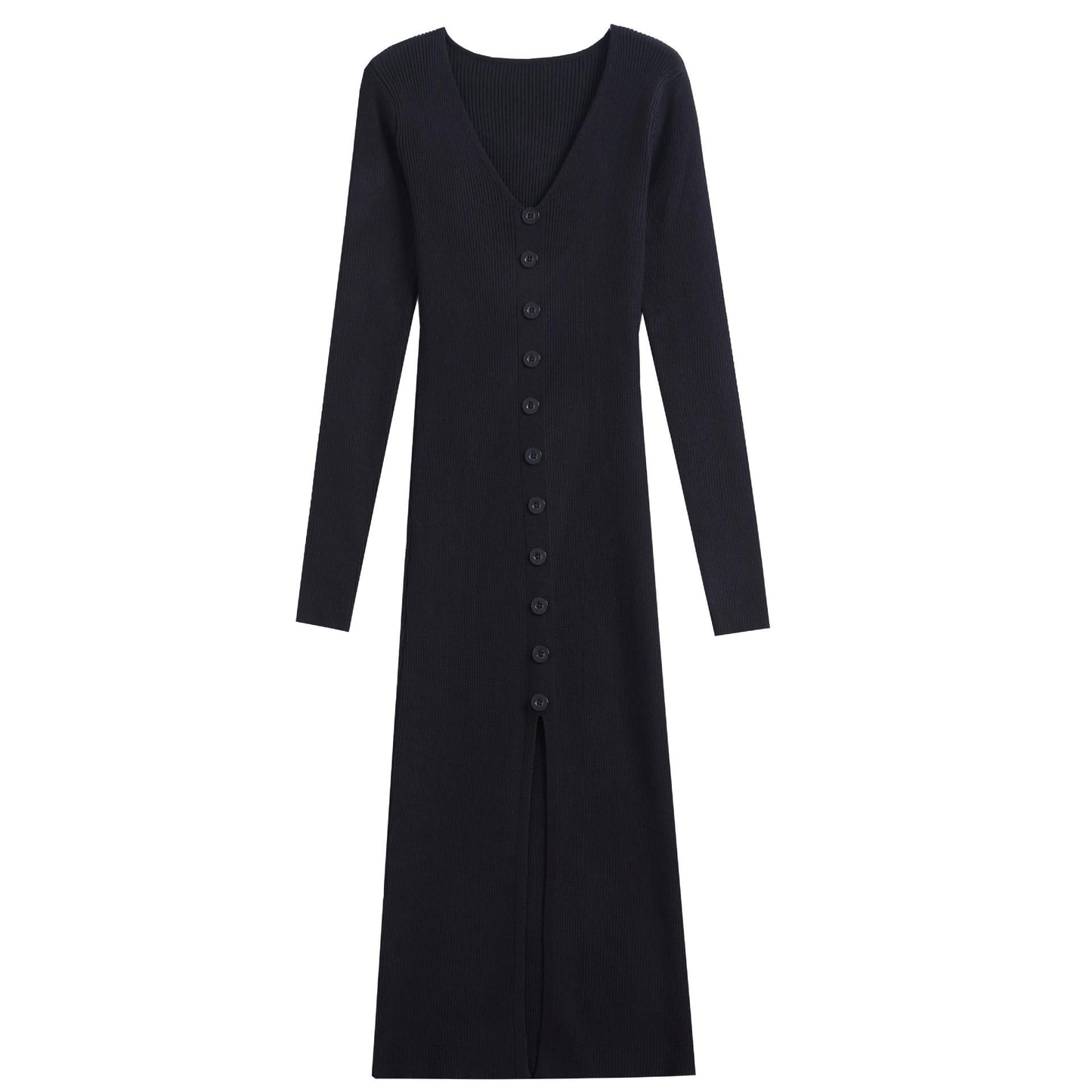 Damen Langarm Strickkleid V-Ausschnitt Durchgehende Knopfleiste