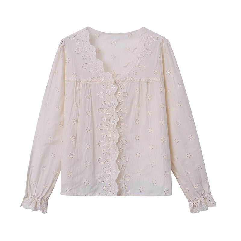 Damen Bluse Spitzenkante Knöpfe Weiß