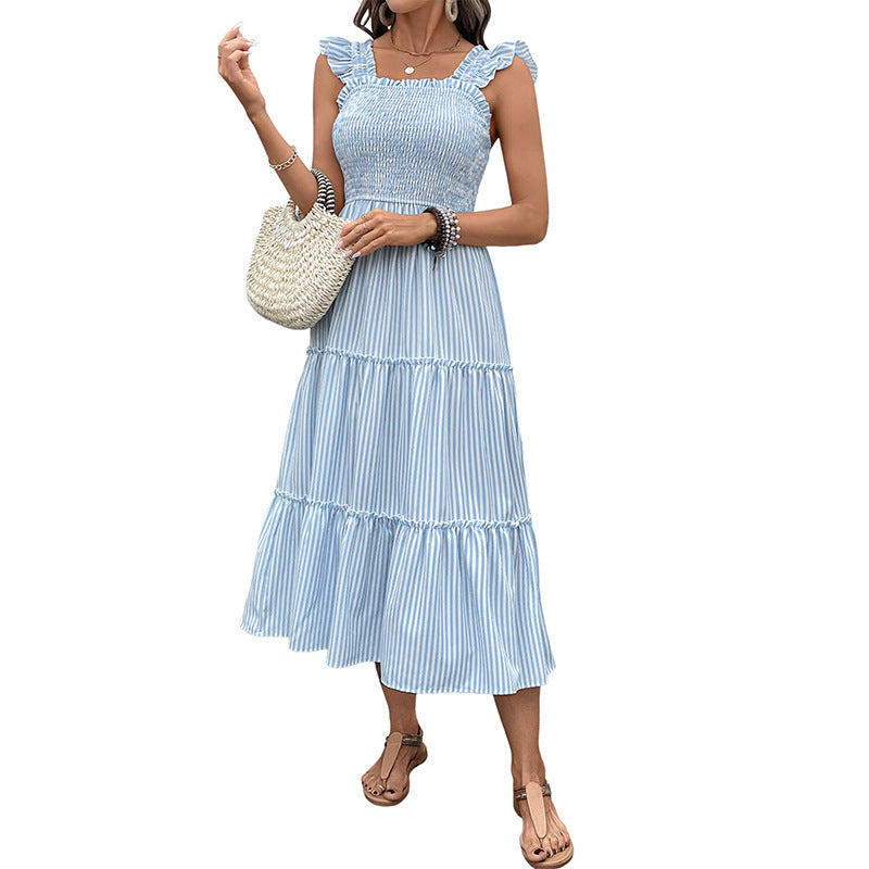 Damen Maxikleid Gestreift Rüschenträger Fließend Eveloria