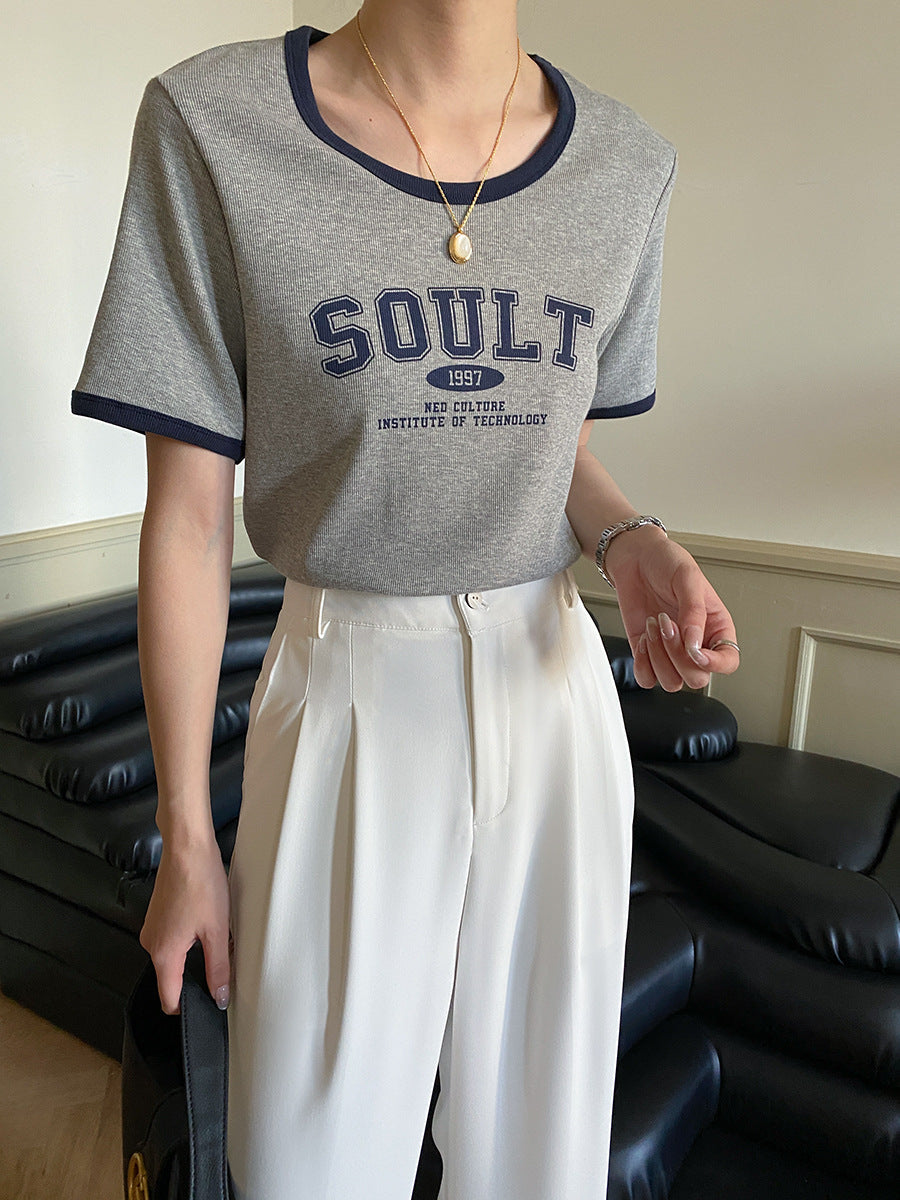 Damen T-Shirt Rundhals Kontrastfarbe mit Schriftzug