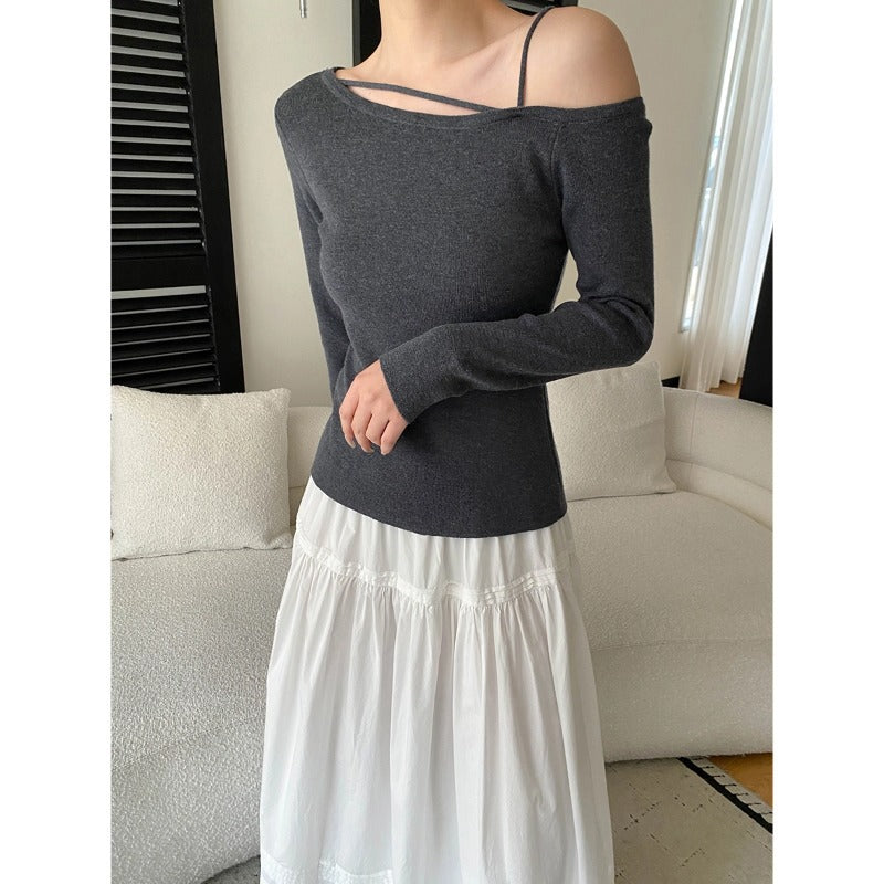 Damen Oberteil Asymmetrischer Ausschnitt Rippdetails Eveloria