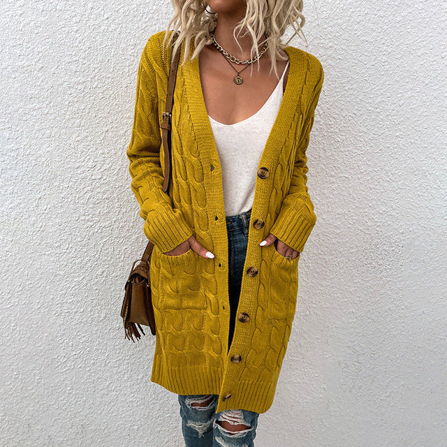 Damen Strickcardigan Lang Knöpfe Taschen Struktur