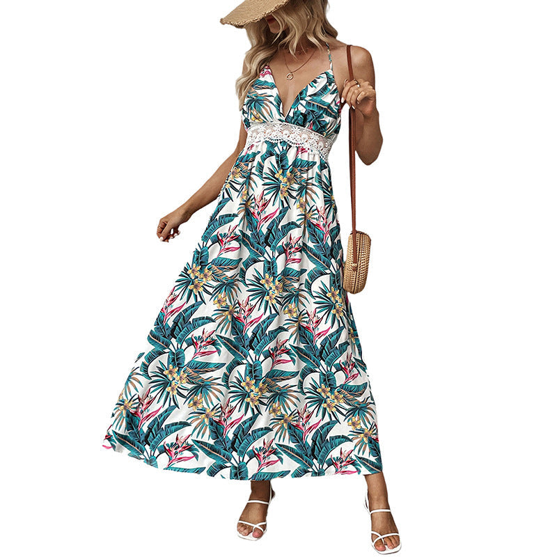 Damen Maxi-Kleid V-Ausschnitt Blumenprint