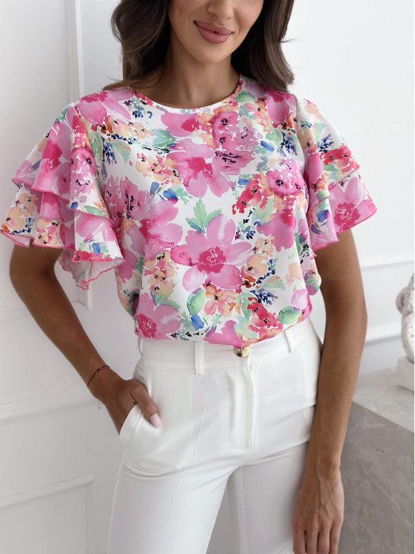 Damen Bluse Voluminöse Rüschenärmel Florales Design