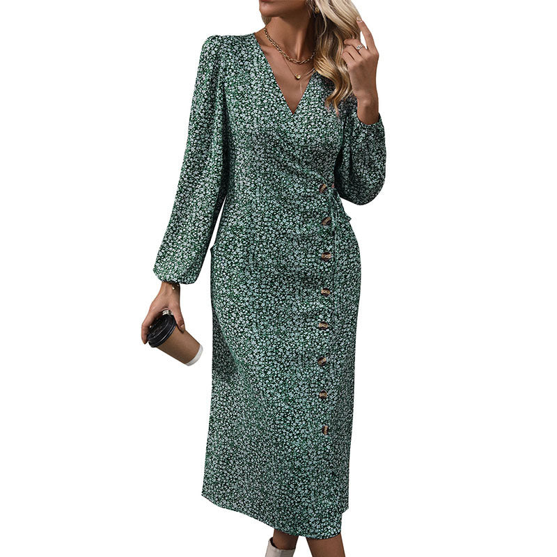 Damen Wickelkleid Florales Muster Knöpfe Eveloria