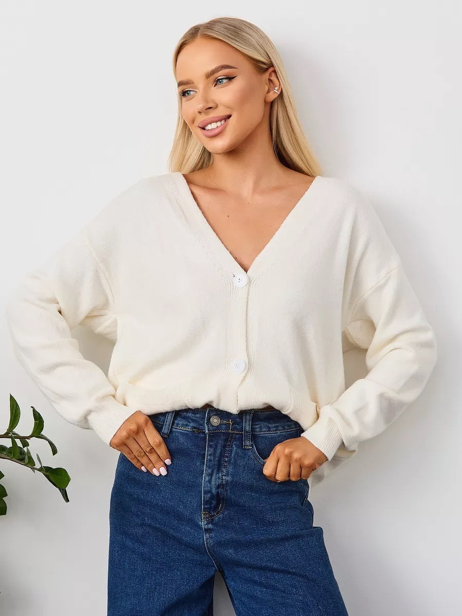 Damen Strickcardigan V-Ausschnitt Taschen Beige