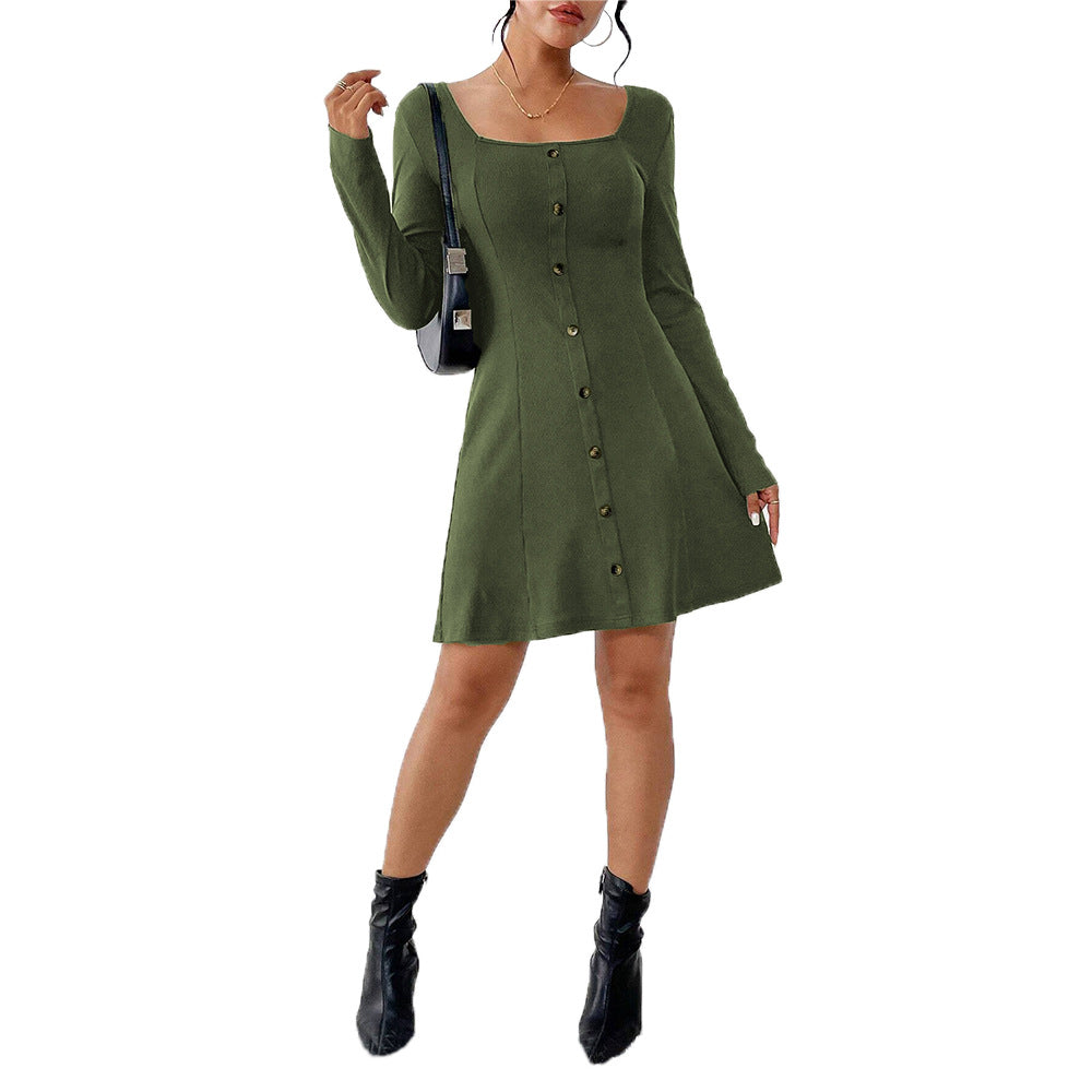 Damen Knopfleiste Kleid Langarm Quadrat-Ausschnitt