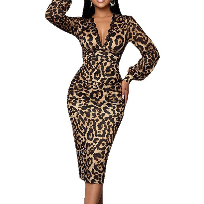 Damen Kleid Tiermuster V-Ausschnitt Elegantes Abendkleid