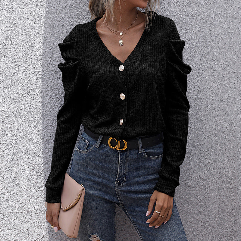 Damen Strickjacke Rüschen-Details Knopfleiste Eveloria