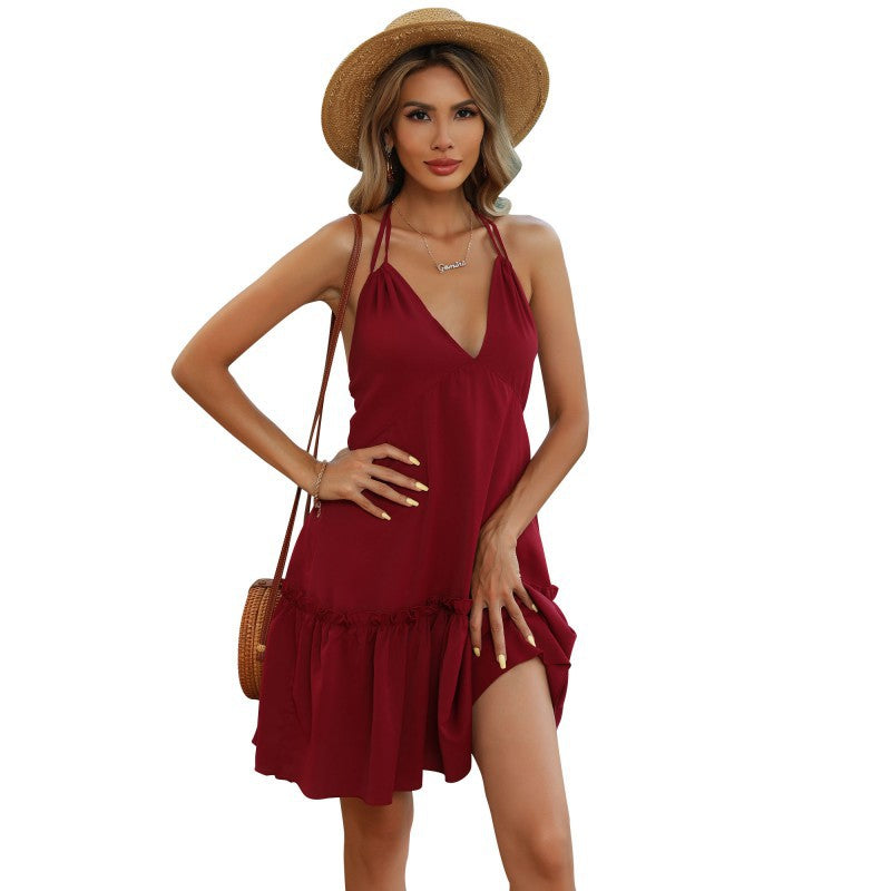 Damen Sommerkleid Luftig Rüschen Spaghettiträger Eveloria