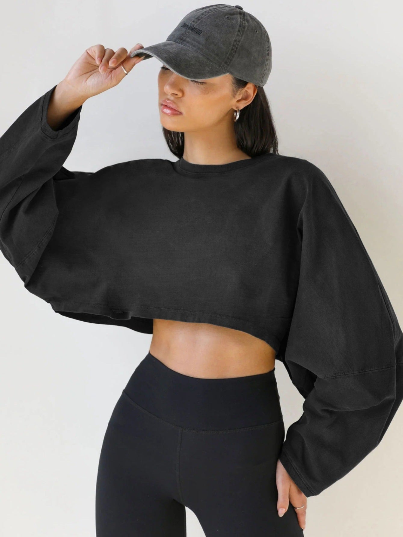 Damen Cropped Sweatshirt Voluminöse Ärmel Lässiger Schnitt Grau
