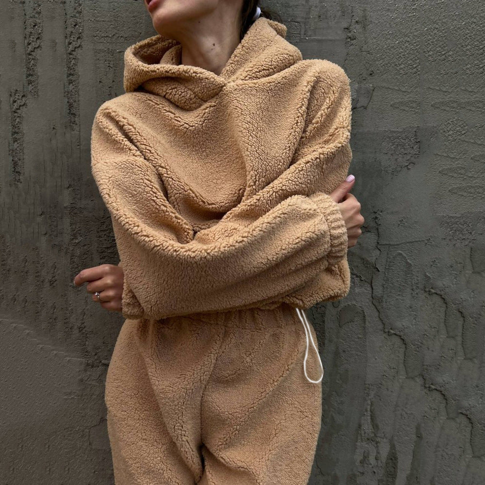 Damen Fleece-Loungewear-Set Elastischer Bund Hoher Kragen Grau