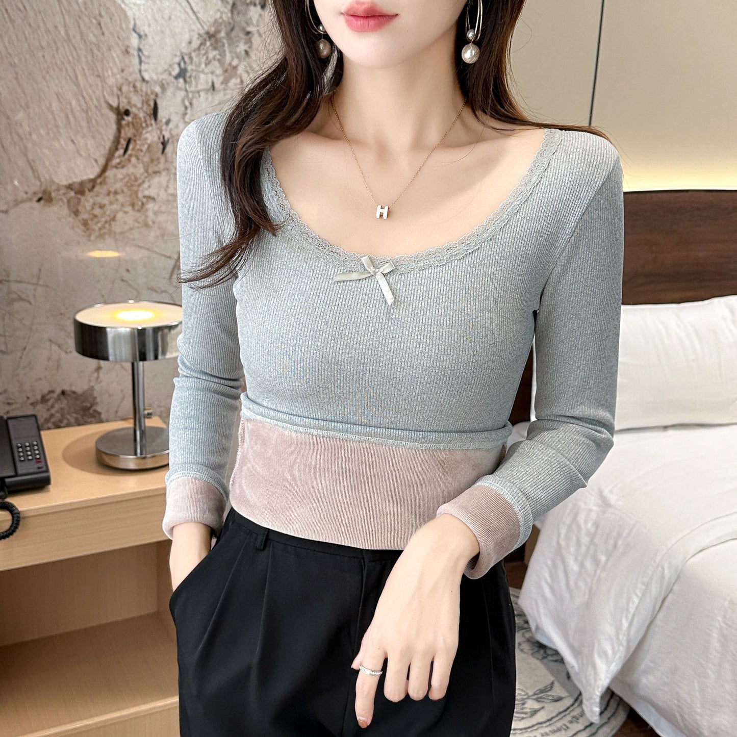 Damen Langarmshirt Spitzendetail Elegantes Oberkleid
