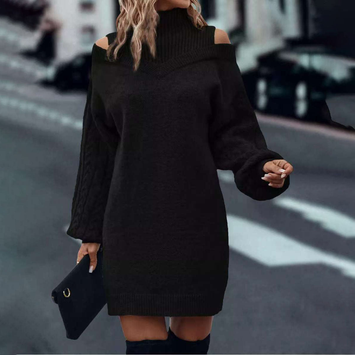 Damen Strickkleid Schulterauschnitte Hochkragen Eveloria