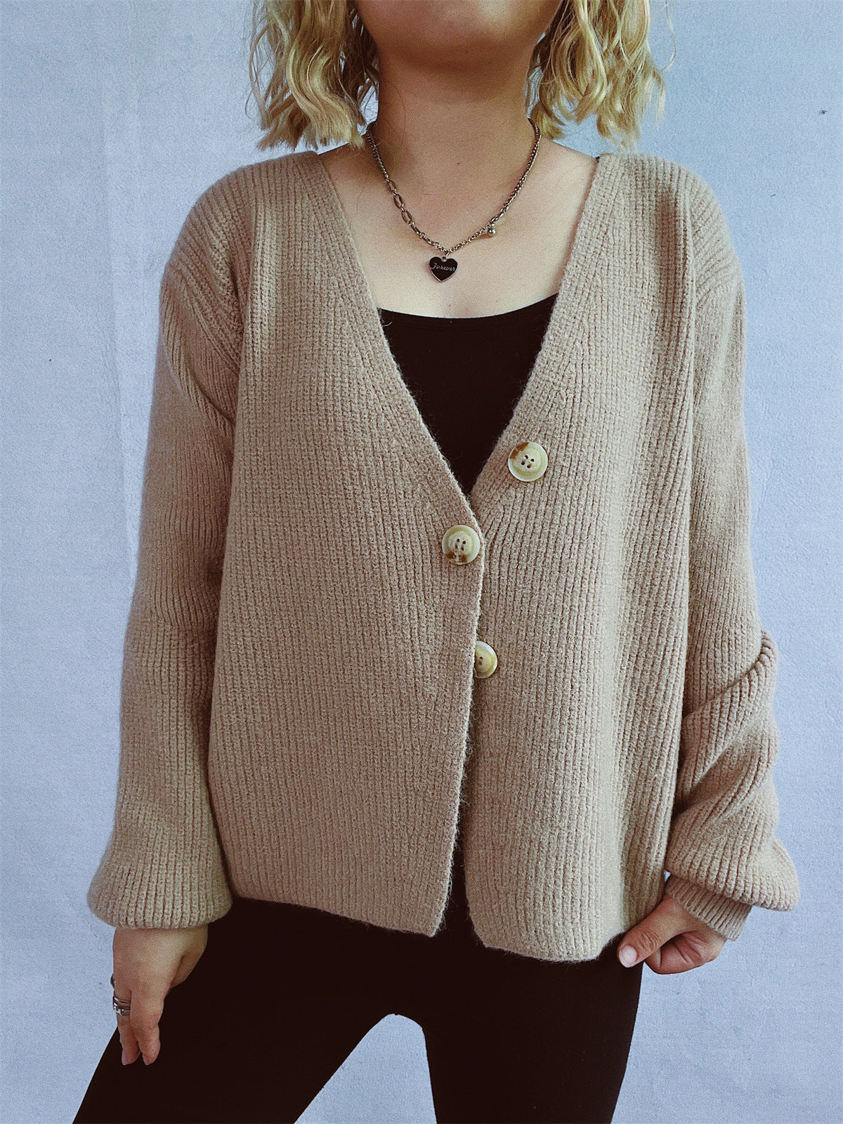 Damen Strickjacke Großknöpfe Strukturiert Beige