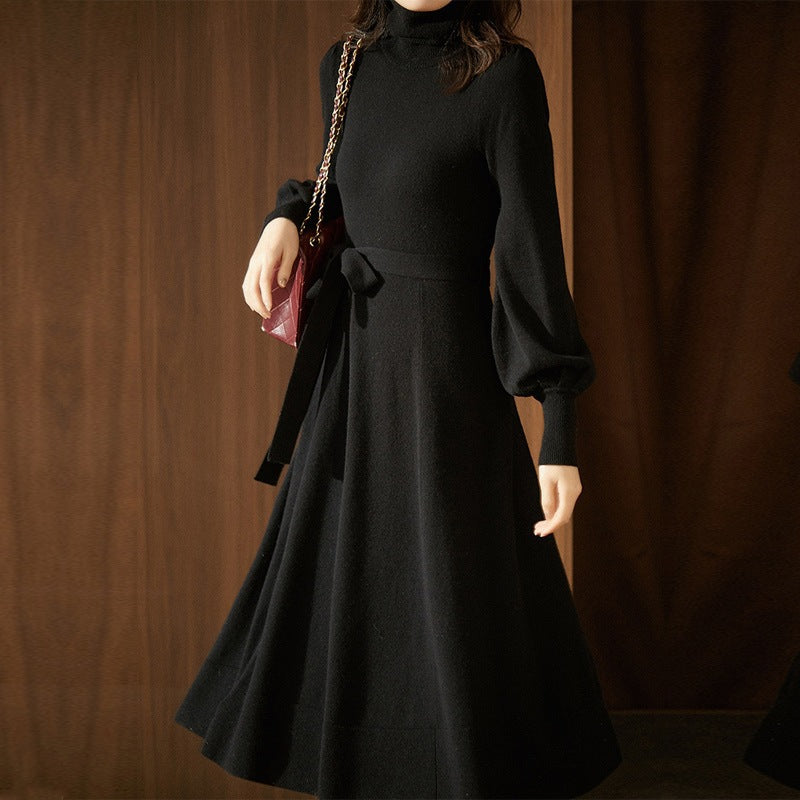 Damen Strickkleid Hohler Kragen Taillierter Gürtel