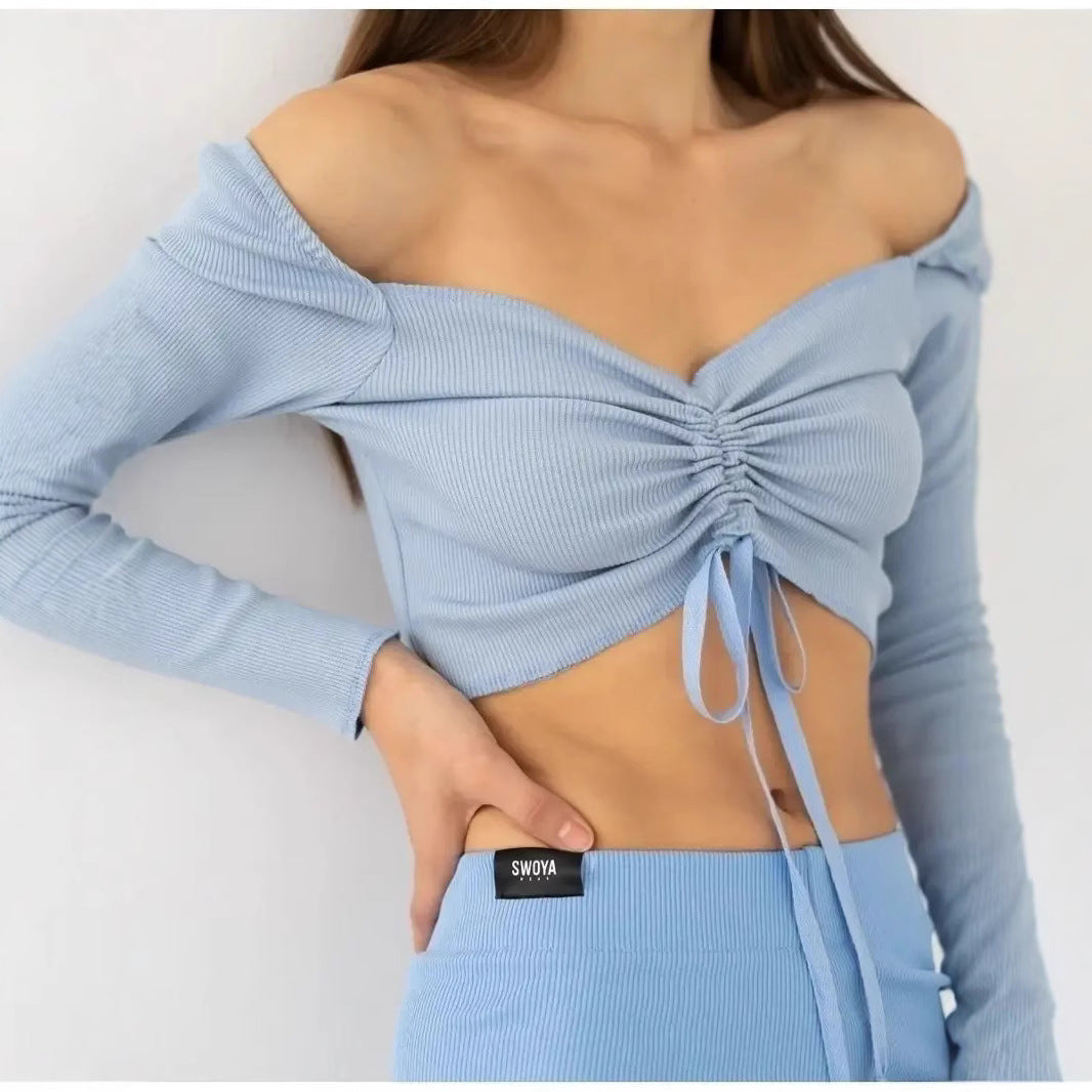 Damen Langarm Crop- Mit Geraffter Vorderseite