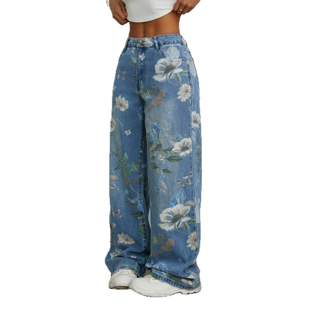 Damen Weite Jeans Florales Design Hoher Bund
