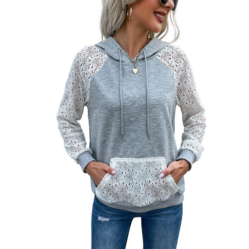 Damen Hoodie Spitzenärmel Kängurutasche