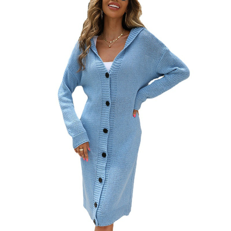 Damen Strickjacke mit Kapuze und Knöpfen Lang Grobstrick Elegant