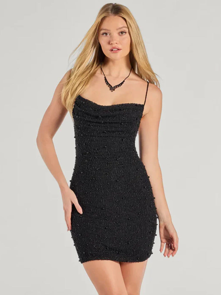 Damen Minikleid Figurbetont mit Perlen Spaghettiträgern