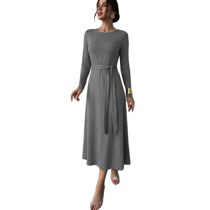 Damen Midikleid Tailliert Gürtel Langer Arm Eveloria