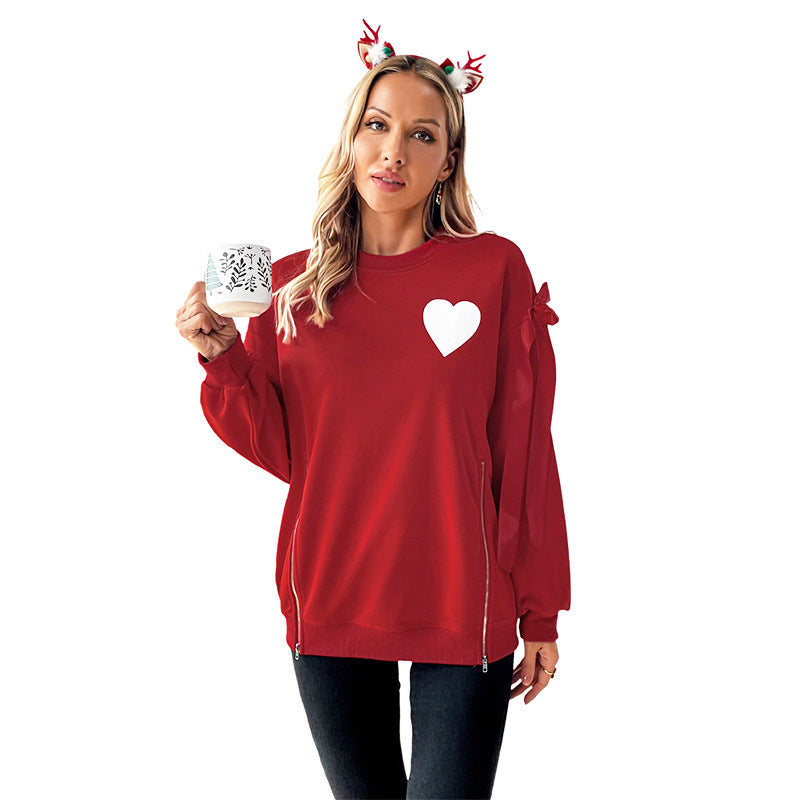 Damen Sweatshirt Herzapplikation Ärmelschnürung Grau Eveloria