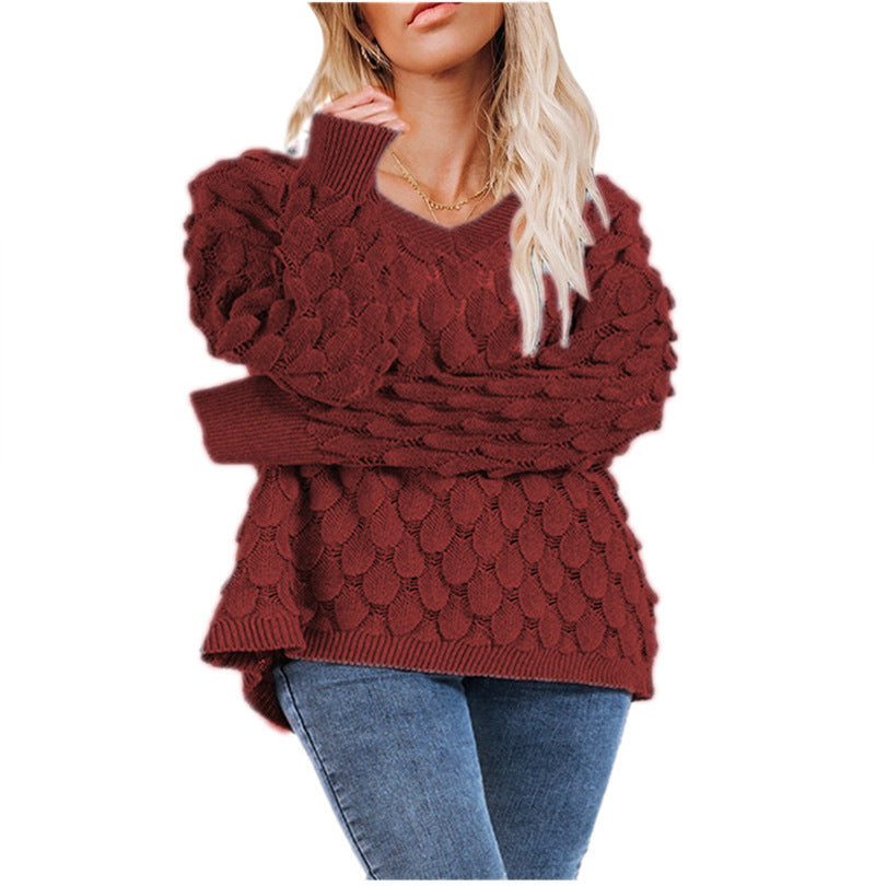 Damen Grobstrickpullover V-Ausschnitt Wellenmuster Eveloria