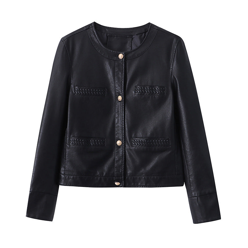 Damen Lederjacke Modern Dekorative Taschen Eleganter Schnitt
