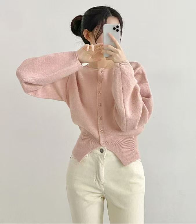 Damen Strickjacke Cropped Oversized Ärmel Knopfleiste Eveloria
