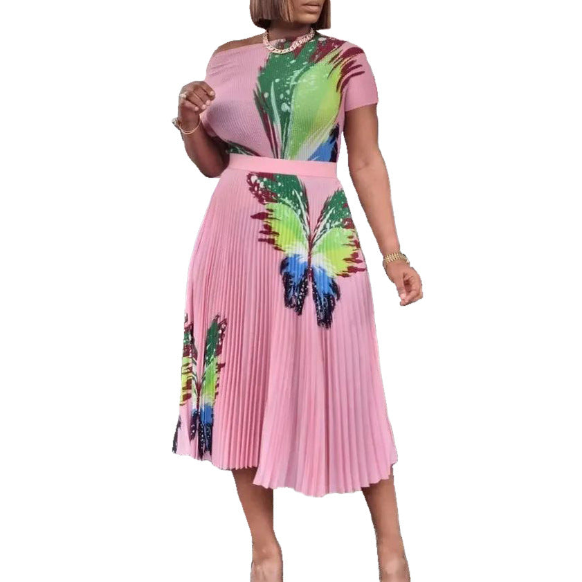 Damen Maxikleid Bunt Schmetterling Plisseefalte Eveloria