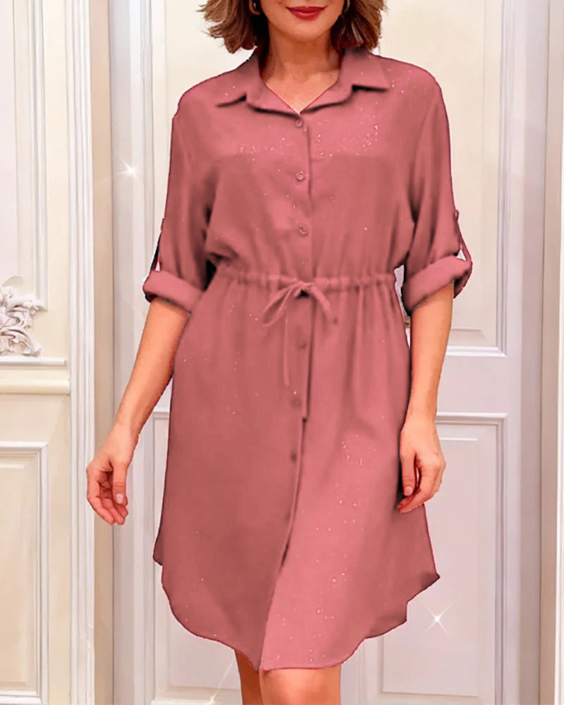 Damen Hemdblusenkleid Taillenzug Schimmernd Eveloria