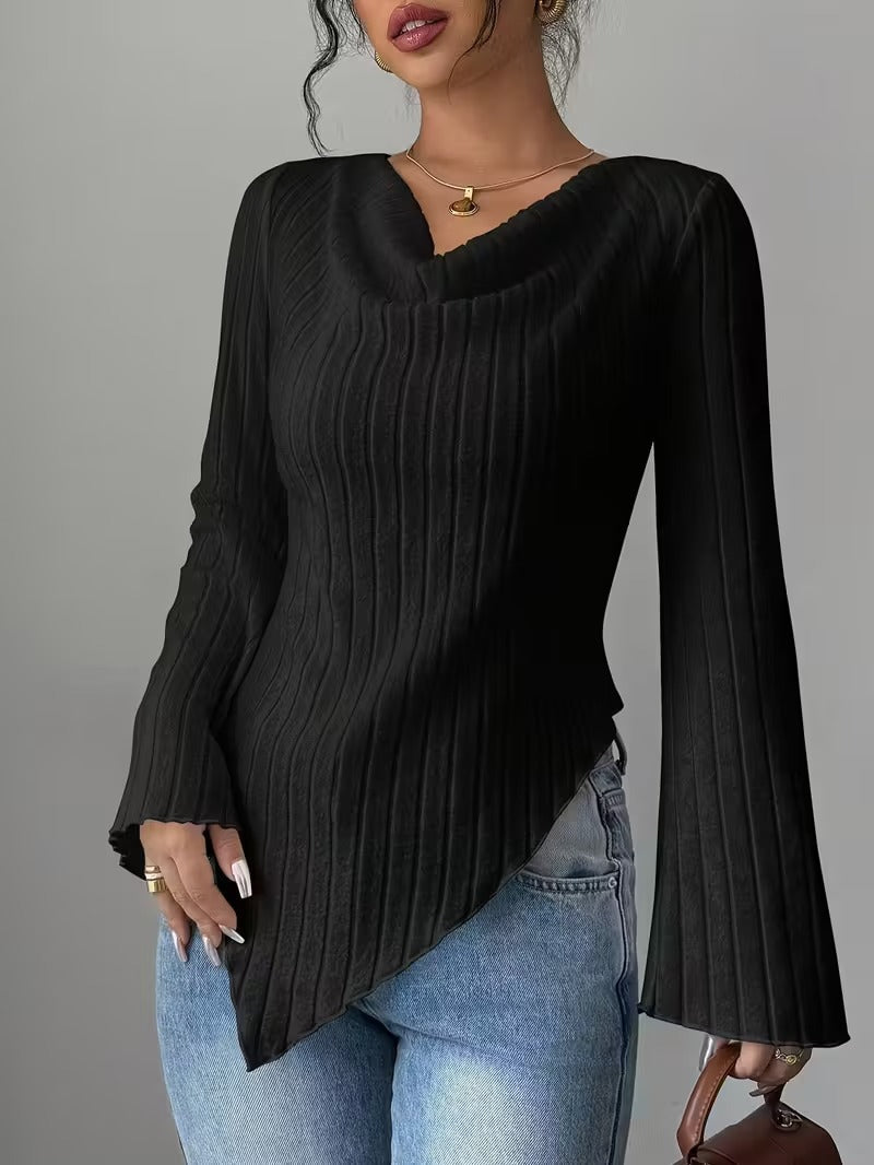 Damen Oberteil Langärmlig Asymmetrisch Rippdesign Eveloria