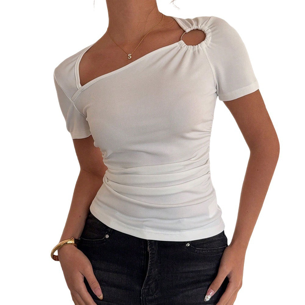 Damen Kurzarmshirt Asymmetrischer Ausschnitt Raffung
