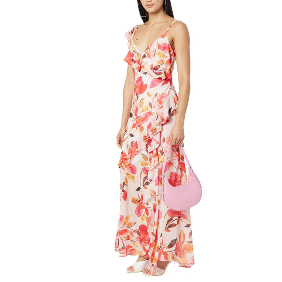Damen Maxikleid Floral Rüschen Schulterfrei Eveloria