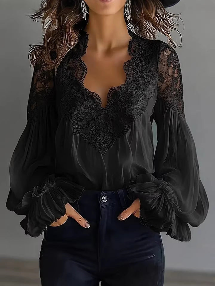 Damen Spitzenbluse mit Volumenärmeln und Blumenmuster
